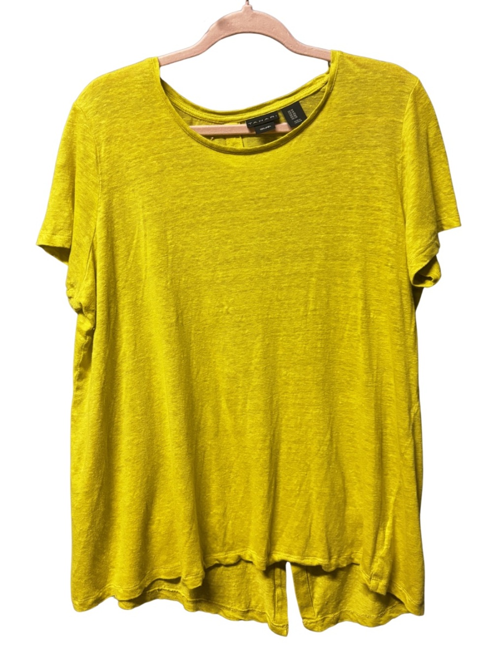 Tahari 100% Linen Bright Chartreuse  Crewneck Tee with Button Back • Size 1X
